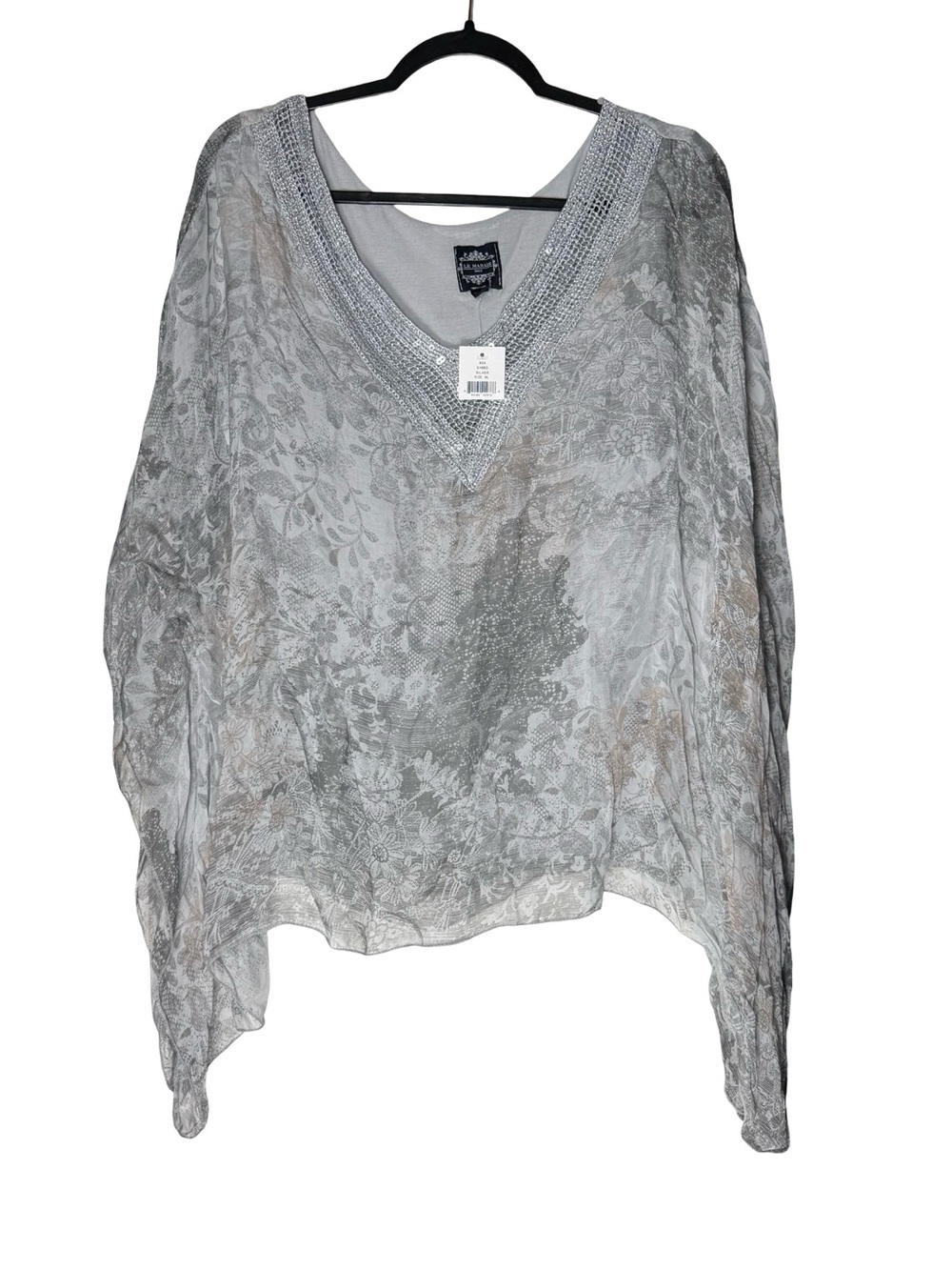 Le Marais Paris Silk Top Womens XL Silver Sequin V Neck Boho Sheer Boho NWT